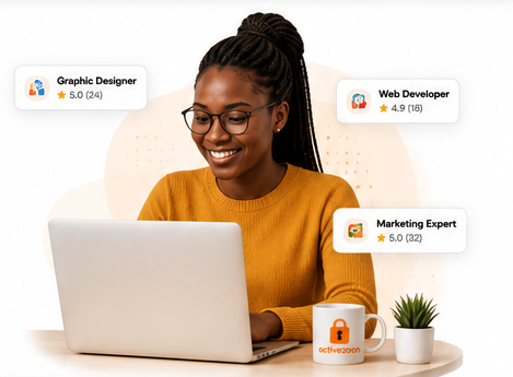 Freelancer working on a laptop, with sample skill categories